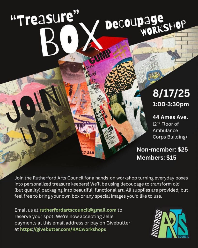Rutherford Arts Council Decoupage Box Workshop Flyer